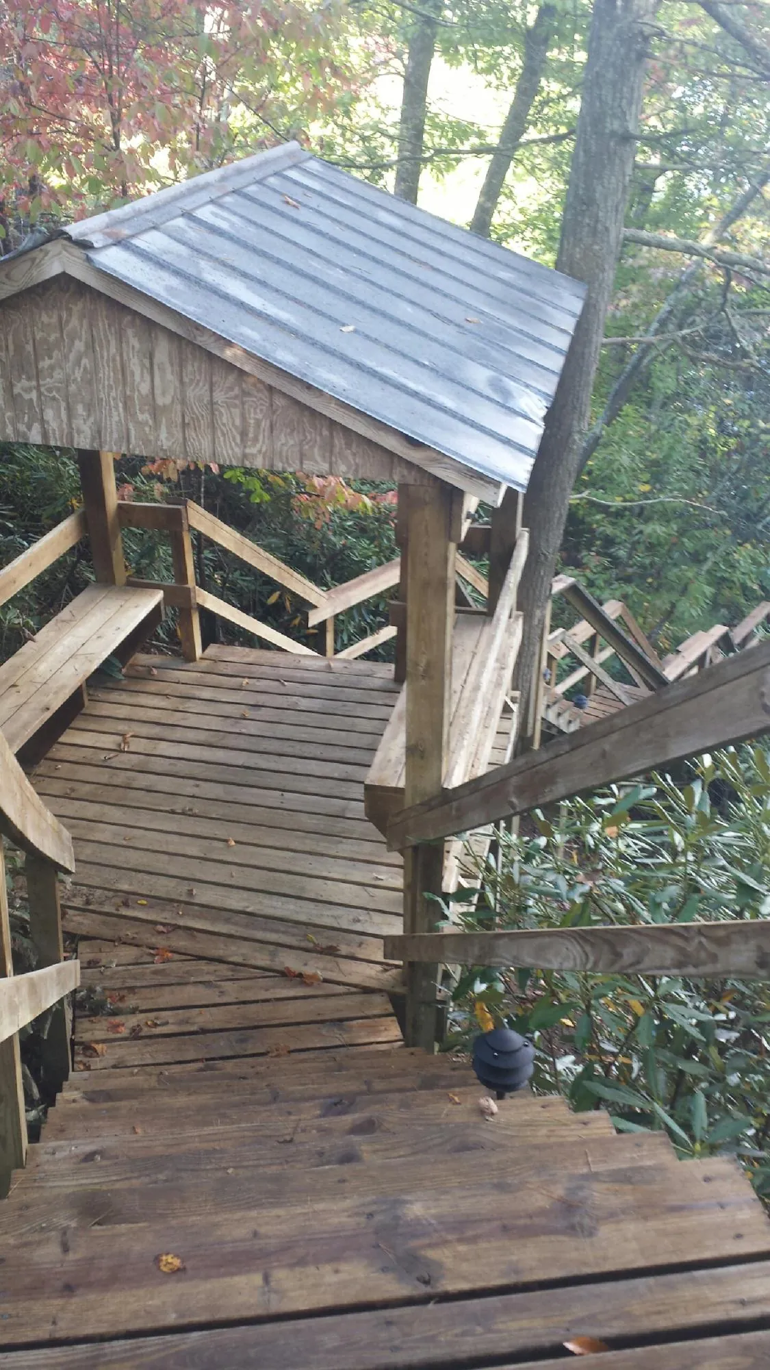 Metal roofed shelter over wooden steps on a wooded walkway — Skylight Repair & Installation work by our crew in Crandon
